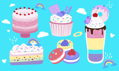 Series of colorful rainbow dessert in flat color vector style