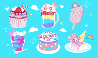 Series of colorful rainbow dessert in flat color vector style Set 2