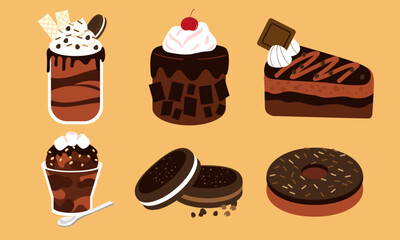 Series of chocolate dessert in flat color vector style
