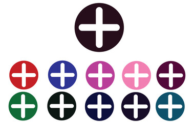 PrintPlus sign icon. Positive symbol. Zoom in. Round colourful 11 buttons. Vecto