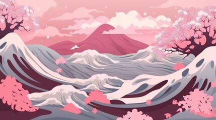北斎風の抽象的な背景。波、海、ピンクの桜の木GenerativeAI