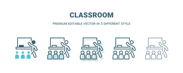 classroom icon in 5 different style. Outline, filled, two color, thin classroom icon isolated on white background. Editable vector can be used web and mobile