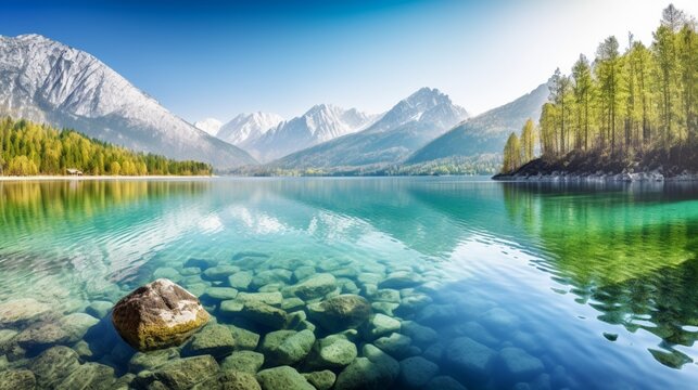 雄大な山々を背景に、透き通るような湖を描いた静謐なイメージGenerativeAI