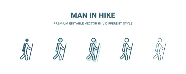 man in hike icon in 5 different style. Outline, filled, two color, thin man in hike icon isolated on white background. Editable vector can be used web and mobile