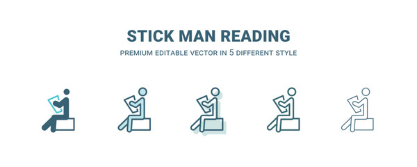 stick man reading icon in 5 different style. Outline, filled, two color, thin stick man reading icon isolated on white background. Editable vector can be used web and mobile
