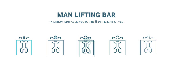 man lifting bar icon in 5 different style. Outline, filled, two color, thin man lifting bar icon isolated on white background. Editable vector can be used web and mobile