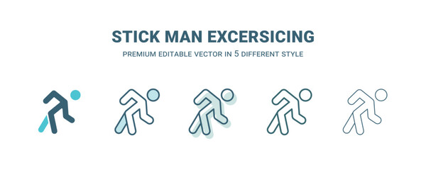 stick man excersicing icon in 5 different style. Outline, filled, two color, thin stick man excersicing icon isolated on white background. Editable vector can be used web and mobile