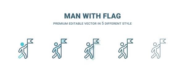 man with flag icon in 5 different style. Outline, filled, two color, thin man with flag icon isolated on white background. Editable vector can be used web and mobile