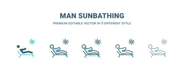 man sunbathing icon in 5 different style. Outline, filled, two color, thin man sunbathing icon isolated on white background. Editable vector can be used web and mobile