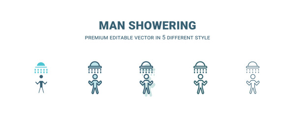man showering icon in 5 different style. Outline, filled, two color, thin man showering icon isolated on white background. Editable vector can be used web and mobile