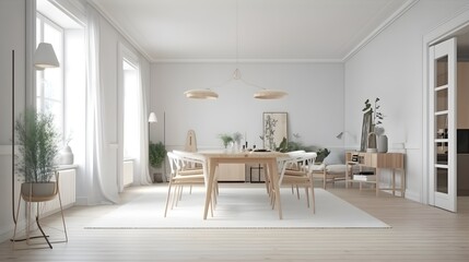Fototapeta premium Mid century modern dining room with picture frame on the wall retro chairs table and hanging lamps