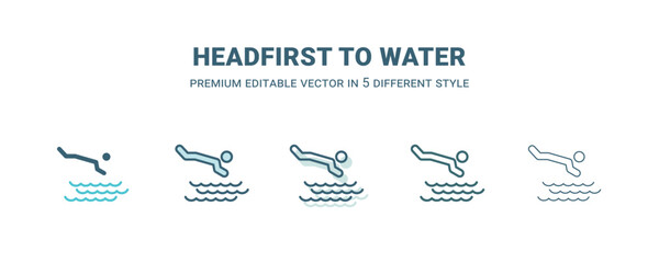 headfirst to water icon in 5 different style. Outline, filled, two color, thin headfirst to water icon isolated on white background. Editable vector can be used web and mobile
