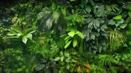 熱帯雨林に生い茂る植物の葉の美しい緑のバラエティGenerativeAI