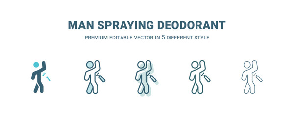 man spraying deodorant icon in 5 different style. Outline, filled, two color, thin man spraying deodorant icon isolated on white background. Editable vector can be used web and mobile