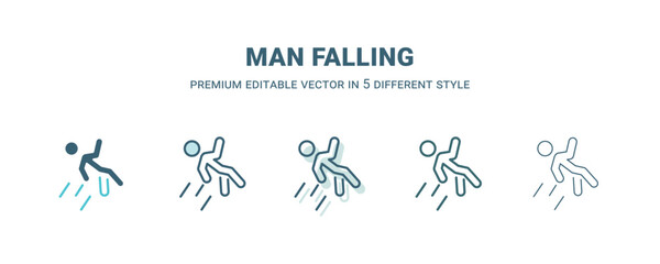 man falling icon in 5 different style. Outline, filled, two color, thin man falling icon isolated on white background. Editable vector can be used web and mobile