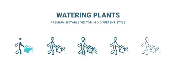 watering plants icon in 5 different style. Outline, filled, two color, thin watering plants icon isolated on white background. Editable vector can be used web and mobile