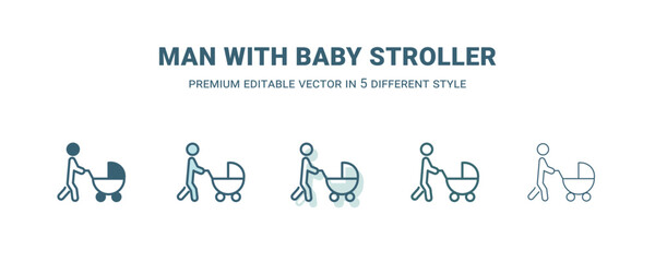 man with baby stroller icon in 5 different style. Outline, filled, two color, thin man with baby stroller icon isolated on white background. Editable vector can be used web and mobile
