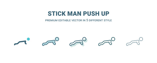 stick man push up icon in 5 different style. Outline, filled, two color, thin stick man push up icon isolated on white background. Editable vector can be used web and mobile