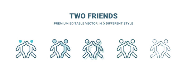 two friends icon in 5 different style. Outline, filled, two color, thin two friends icon isolated on white background. Editable vector can be used web and mobile