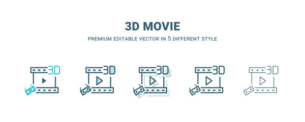 3d movie icon in 5 different style. Outline, filled, two color, thin 3d movie icon isolated on white background. Editable vector can be used web and mobile