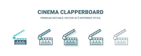 cinema clapperboard icon in 5 different style. Outline, filled, two color, thin cinema clapperboard icon isolated on white background. Editable vector can be used web and mobile