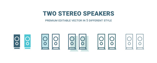 two stereo speakers icon in 5 different style. Outline, filled, two color, thin two stereo speakers icon isolated on white background. Editable vector can be used web and mobile