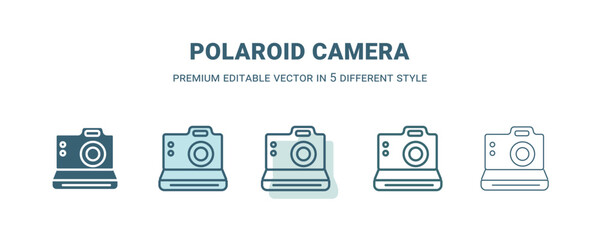 polaroid camera icon in 5 different style. Outline, filled, two color, thin polaroid camera icon isolated on white background. Editable vector can be used web and mobile