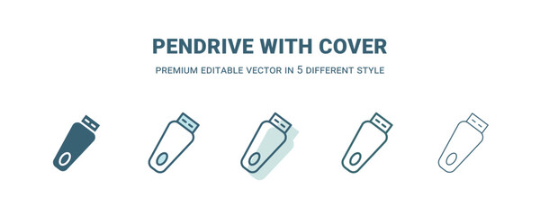 pendrive with cover icon in 5 different style. Outline, filled, two color, thin pendrive with cover icon isolated on white background. Editable vector can be used web and mobile