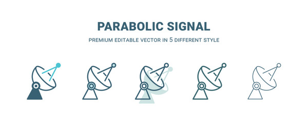 parabolic signal icon in 5 different style. Outline, filled, two color, thin parabolic signal icon isolated on white background. Editable vector can be used web and mobile