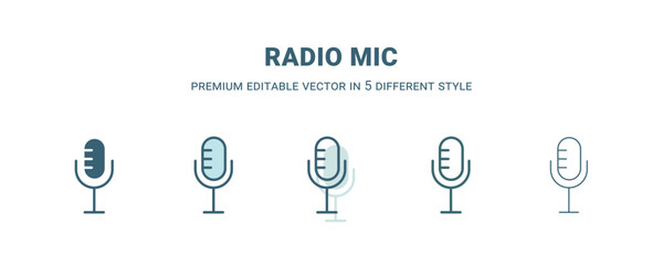 radio mic icon in 5 different style. Outline, filled, two color, thin radio mic icon isolated on white background. Editable vector can be used web and mobile