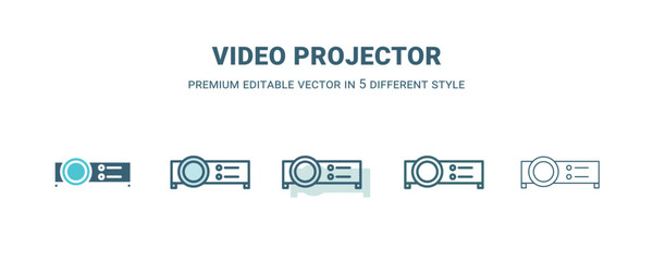 video projector icon in 5 different style. Outline, filled, two color, thin video projector icon isolated on white background. Editable vector can be used web and mobile