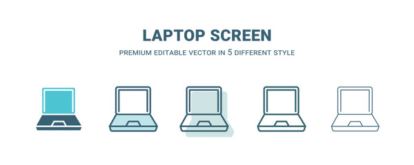 laptop screen icon in 5 different style. Outline, filled, two color, thin laptop screen icon isolated on white background. Editable vector can be used web and mobile