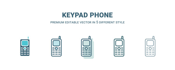 keypad phone icon in 5 different style. Outline, filled, two color, thin keypad phone icon isolated on white background. Editable vector can be used web and mobile