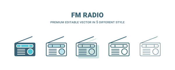 fm radio icon in 5 different style. Outline, filled, two color, thin fm radio icon isolated on white background. Editable vector can be used web and mobile