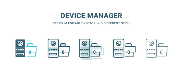 device manager icon in 5 different style. Outline, filled, two color, thin device manager icon isolated on white background. Editable vector can be used web and mobile