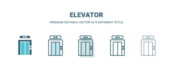 elevator icon in 5 different style. Outline, filled, two color, thin elevator icon isolated on white background. Editable vector can be used web and mobile - obrazy, fototapety, plakaty