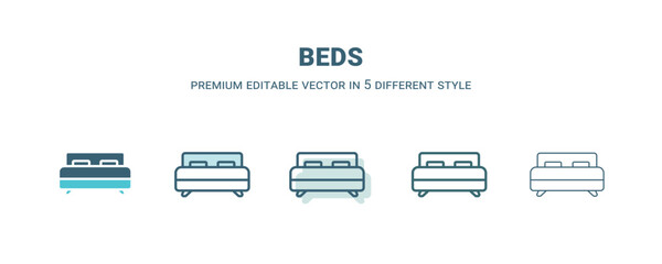 beds icon in 5 different style. Outline, filled, two color, thin beds icon isolated on white background. Editable vector can be used web and mobile