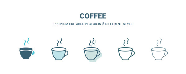 coffee icon in 5 different style. Outline, filled, two color, thin coffee icon isolated on white background. Editable vector can be used web and mobile