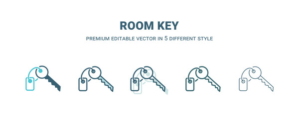 room key icon in 5 different style. Outline, filled, two color, thin room key icon isolated on white background. Editable vector can be used web and mobile