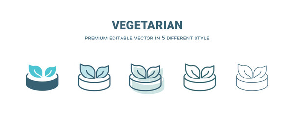 vegetarian icon in 5 different style. Outline, filled, two color, thin vegetarian icon isolated on white background. Editable vector can be used web and mobile