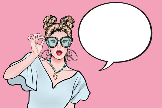 Surprised pop art woman in hipster glasses, advertising poster or party invitation with sexy girl in speech bubbles. Open mouth in cartoon style.