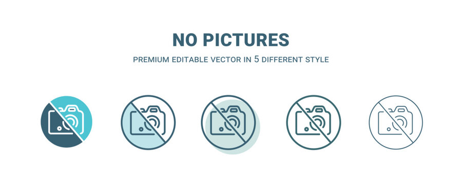 no pictures icon in 5 different style. Outline, filled, two color, thin no pictures icon isolated on white background. Editable vector can be used web and mobile