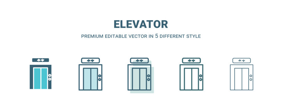 elevator icon in 5 different style. Outline, filled, two color, thin elevator icon isolated on white background. Editable vector can be used web and mobile