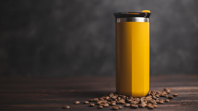 Yellow thermos for coffee on a dark background with scattered coffee beans