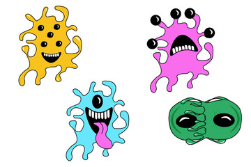 Psychedelic monsters. Modern sticker with slime. Funny alien faces with eyes and flowing texture. Crazy vector illustration in 90s style.