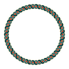 Colored circle frame with intertwined wave pattern. Two bold serpentine lines forming a circular border with red dots between the overlapping waves. Ancient greek pottery motif. Isolated illustration.