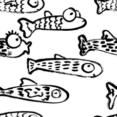 Abstract Seamless Dry Brush Pattern with Fish