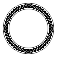 Intertwined wave pattern, circle frame. Two black serpentine lines forming a circle border, with dots between the overlapping waves. Ancient greek pottery motif. Isolated illustration, over white.