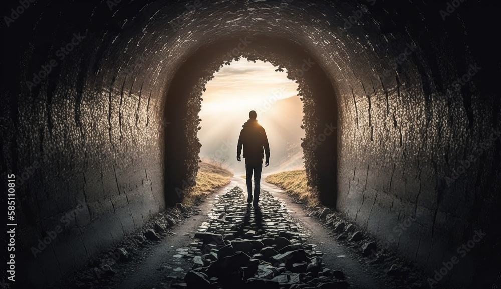 Poster silhouette of man walking in tunnel. light at end of tunnel. ai generative.