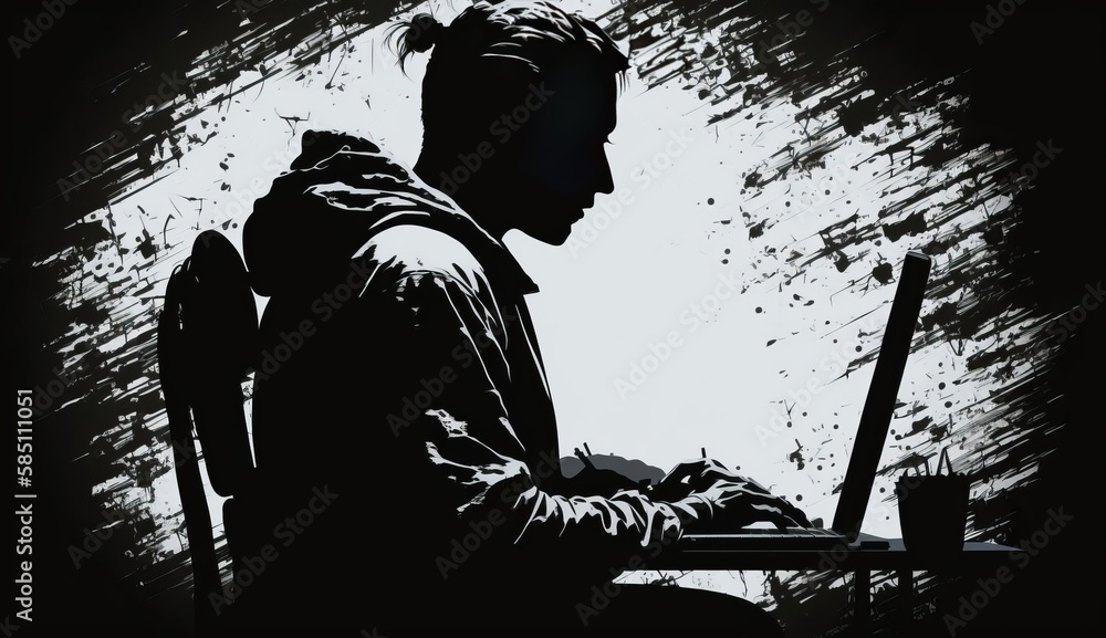 Aufkleber silhouette of a person working on a computer. ai generative. black and white.